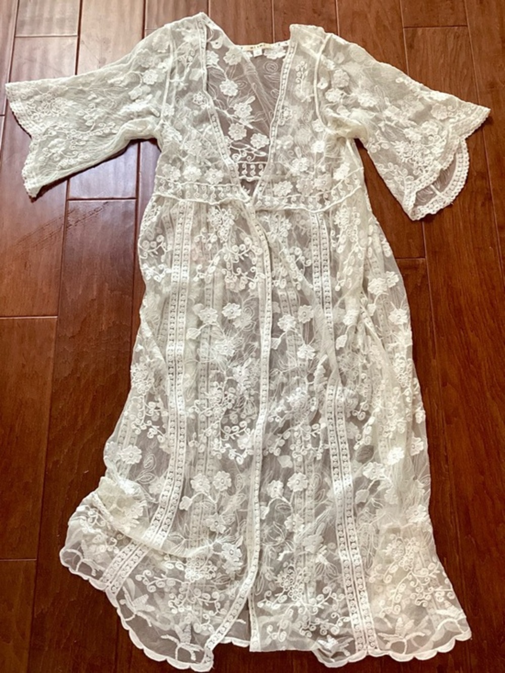 Mi Ami White Lace Open Front Full Length Kimono Coverup Large